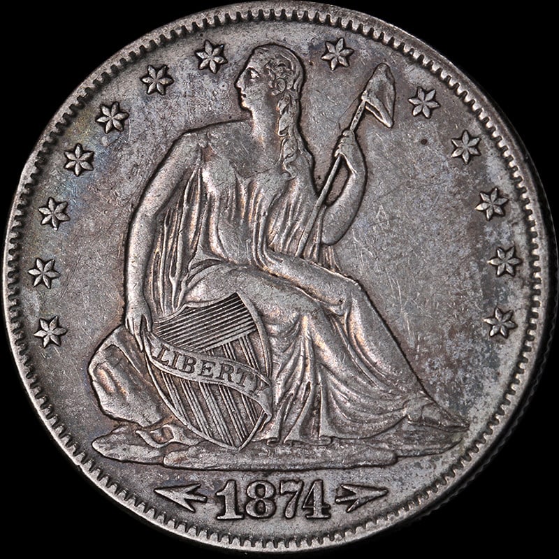 1874-P Seated Half Dollar Arrows Choice XF Silver Coin: 1874-P Seated Half Dollar Arrows Choice XF Silver Coin This 1874-P Seated Half Dollar 'Arrows' showcases a striking design with nice eye appeal and a strong strike. It is a Choice XF grade coin, indic