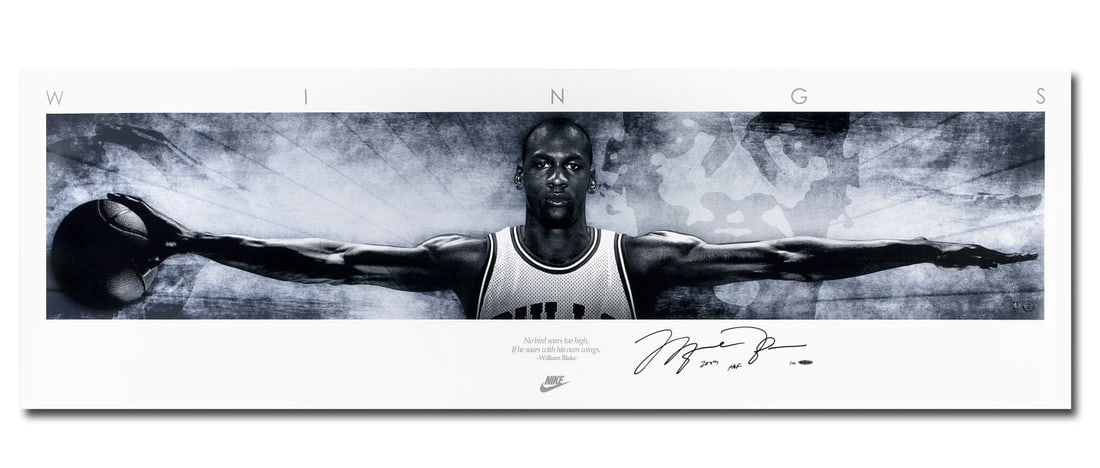Michael Jordan Signed 72x23 Wings Photo 2009 HOF Limited Edition: Michael Jordan Signed 72x23 Wings Photo 2009 HOF Limited Edition Celebrate the legacy of Michael Jordan with this autographed 23" x 72" photo featuring the iconic Wings design. This original piece pay