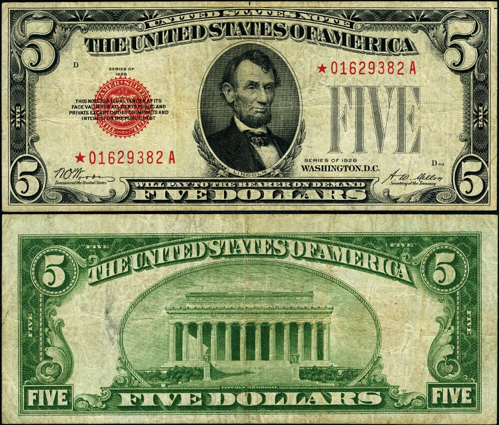 1928 $5 Legal Tender Note A Block VF Uncertified: 1928 $5 Legal Tender Note A Block VF Uncertified This $5 Legal Tender note from 1928 is a remarkable piece of history, featuring the A Block serial number. It is graded as Very Fine (VF) and is classi