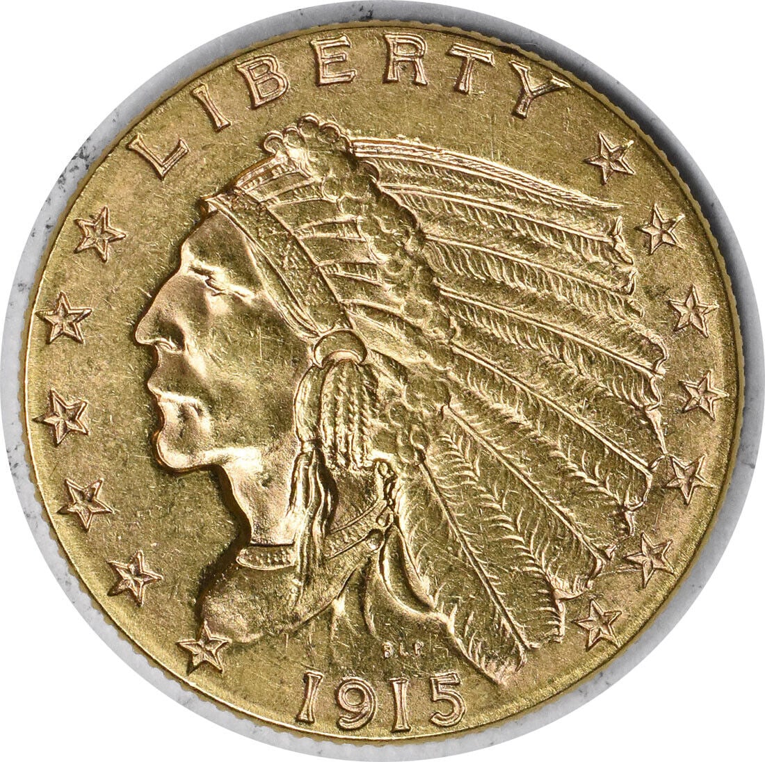 1915 $2.50 Gold Indian Coin AU by Bela Lyon Pratt: 1915 $2.50 Gold Indian Coin AU by Bela Lyon Pratt This 1915 $2.50 Gold Indian features a design by Bela Lyon Pratt and is an excellent addition for collectors of American coinage. The coin is classifi