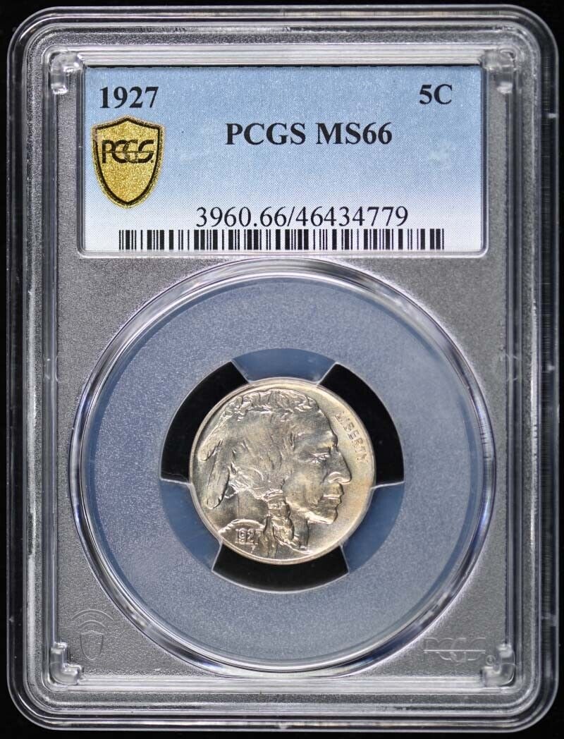 1927 Buffalo Nickel PCGS MS66 Uncirculated Philadelphia Mint: 1927 Buffalo Nickel PCGS MS66 Uncirculated Philadelphia Mint This 1927 Buffalo Nickel is a prized collectible, certified by PCGS with a remarkable grade of MS66. It is in uncirculated condition, showc