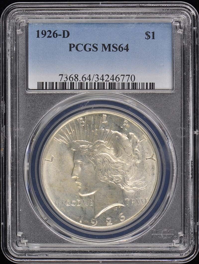 1926-D Peace Dollar Uncirculated PCGS MS64 Denver Mint: 1926-D Peace Dollar Uncirculated PCGS MS64 Denver Mint This 1926-D Peace Dollar is certified by PCGS with a grade of MS64, indicating its excellent condition. Minted in Denver, this uncirculated coin 