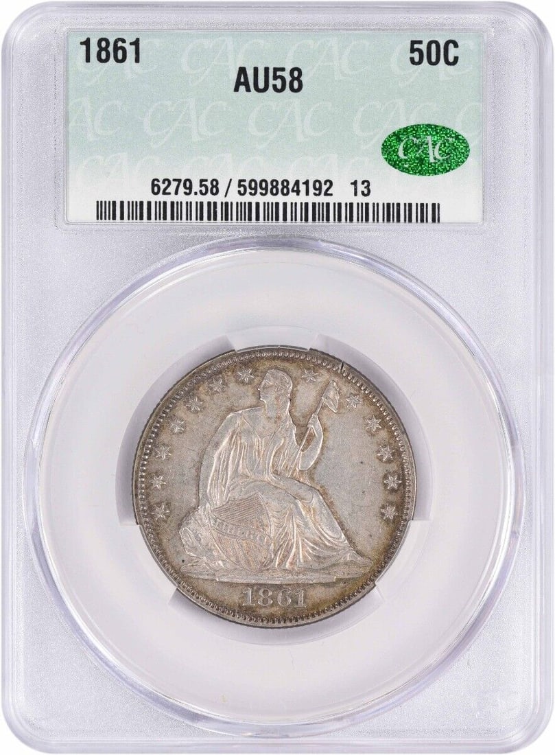 1861 Liberty Seated Half Dollar AU58 CACG 90% Silver Coin: 1861 Liberty Seated Half Dollar AU58 CACG 90% Silver Coin This 1861 Liberty Seated Silver Half Dollar features a stunning design by Thomas Sully and Christian Gobrecht. Certified by CACG, this coin is