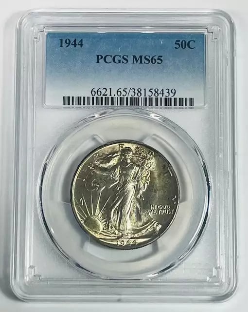 1944 P Walking Liberty Half Dollar PCGS MS 65 Uncirculated Silver Coin: 1944 P Walking Liberty Half Dollar PCGS MS 65 Uncirculated Silver Coin This exquisite 1944 P Walking Liberty Half Dollar is certified by PCGS with a remarkable grade of MS 65, denoting its uncirculate