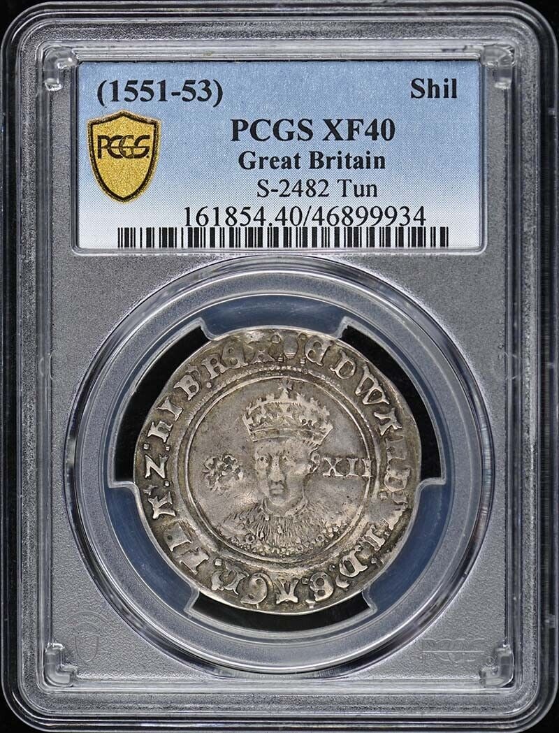 Edward VI 1551-53 Silver Shilling Coin PCGS XF40 Authentic: Edward VI 1551-53 Silver Shilling Coin PCGS XF40 Authentic This is a circulated silver shilling coin from Great Britain, minted during the reign of Edward VI (1551-53). It is graded as XF40 by PCGS, i