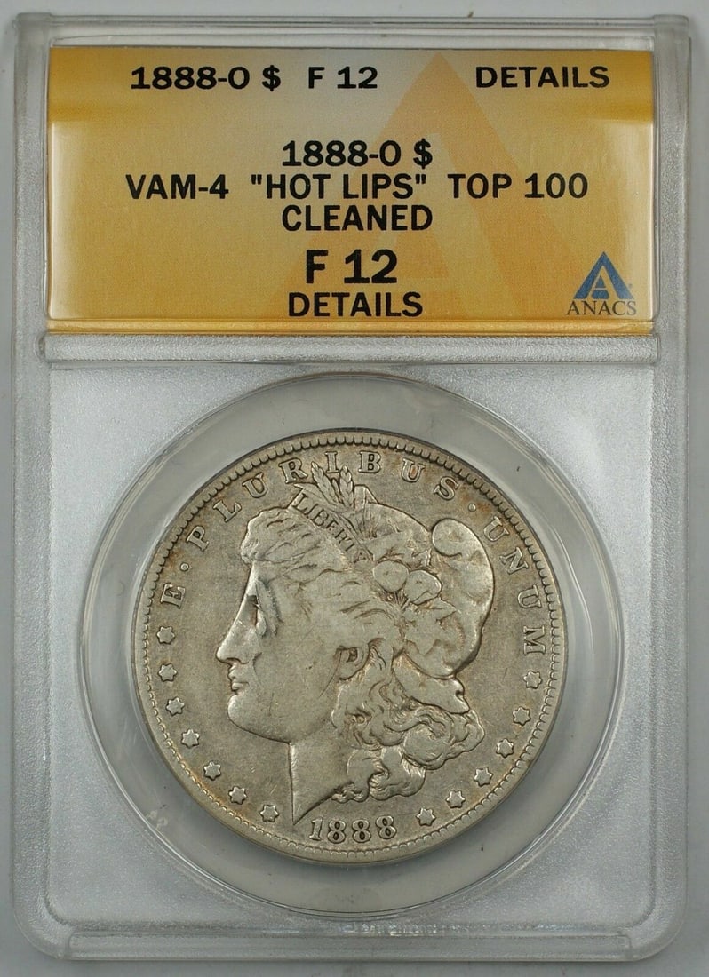 1888-O Morgan Silver Dollar F-12 ANACS VAM-4 Hot Lips New Orleans: 1888-O Morgan Silver Dollar F-12 ANACS VAM-4 Hot Lips New Orleans This 1888-O Morgan Silver Dollar features a grade of F-12 and is certified by ANACS. Minted in New Orleans, this coin showcases its ri