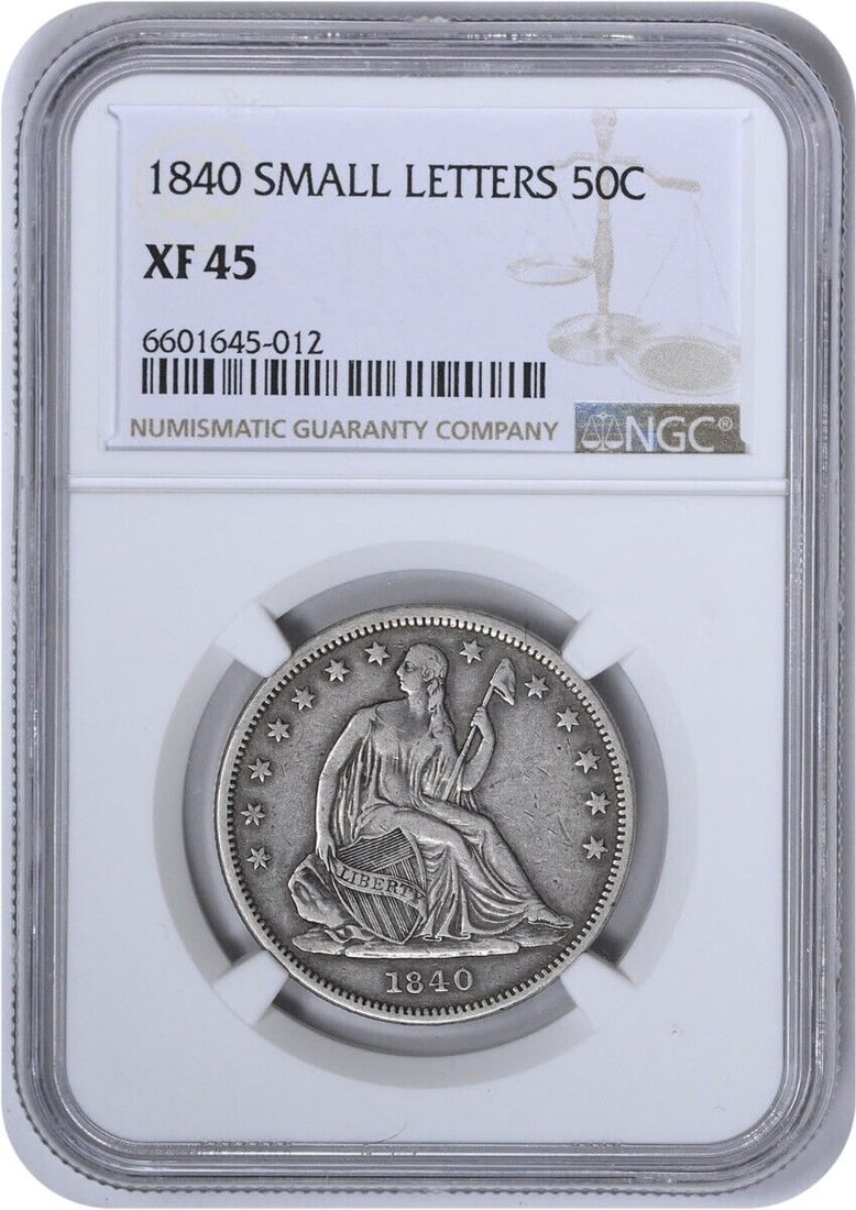 1840 Liberty Seated Half Dollar Small Letters EF45 NGC Certified: 1840 Liberty Seated Half Dollar Small Letters EF45 NGC Certified This 1840 Liberty Seated Half Dollar features small letters and is graded EF45 by NGC. The coin, designed by Thomas Sully and Christian