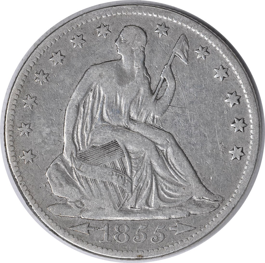 1855-S Liberty Seated Silver Half Dollar 50C by Sully Gobrecht: 1855-S Liberty Seated Silver Half Dollar 50C by Sully Gobrecht This 1855-S Liberty Seated Silver Half Dollar features a design by Thomas Sully and Christian Gobrecht. The coin is made of 90% silver an