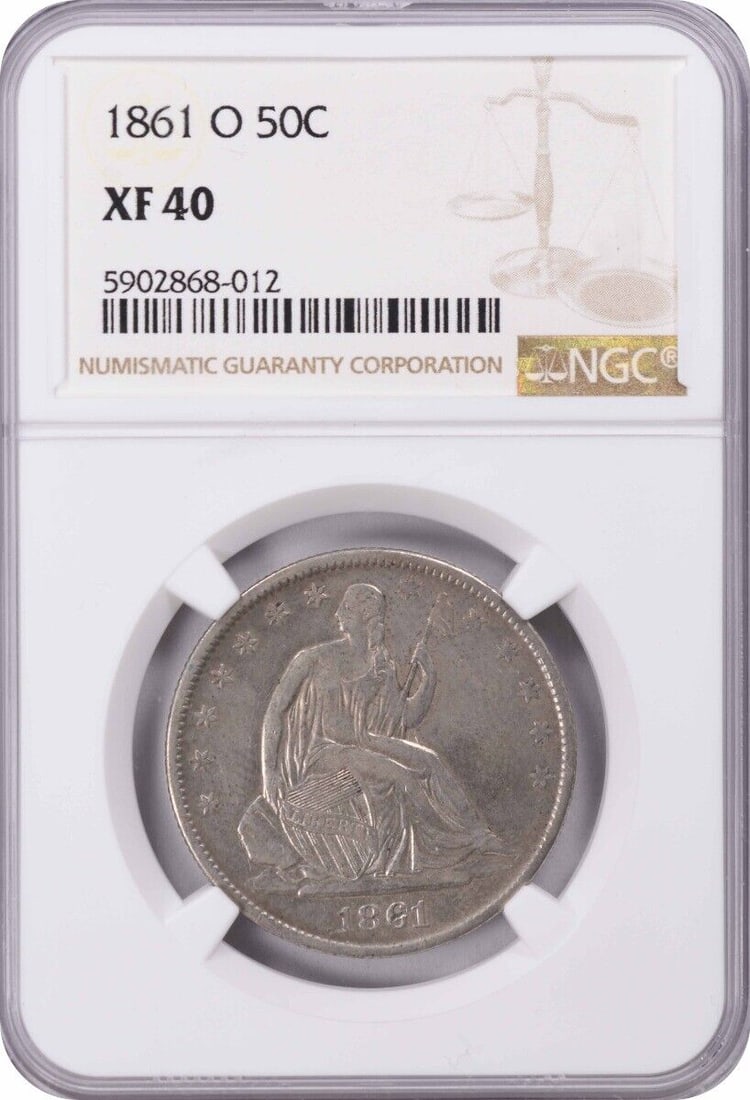 1861-O Liberty Seated Half Dollar NGC EF40 Silver Coin: 1861-O Liberty Seated Half Dollar NGC EF40 Silver Coin This 1861-O Liberty Seated Silver Half Dollar, certified by NGC and graded EF40, showcases the historic design by Thomas Sully and Christian Gobr