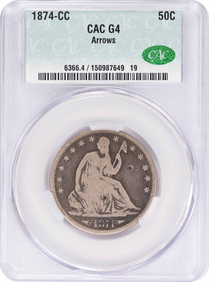 1874-CC Liberty Seated Half Dollar 90% Silver CACG Grade G: 1874-CC Liberty Seated Half Dollar 90% Silver CACG Grade G This 1874-CC Liberty Seated Silver Half Dollar features the iconic design by Thomas Sully and Christian Gobrecht. It is a circulated coin fro