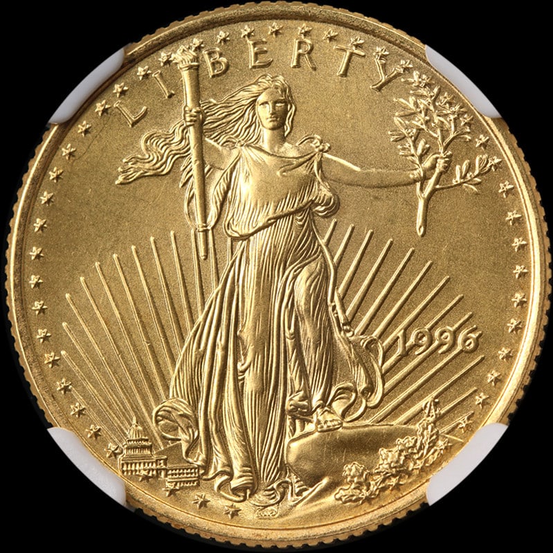 1996 NGC MS68 Gold American Eagle Coin 22K: 1996 NGC MS68 Gold American Eagle Coin 22K This 1996 Gold American Eagle coin is a remarkable collectible certified by NGC with a high grade of MS68, ensuring its excellent condition. Composed of 22-k