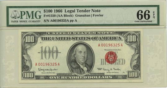1966 $100 Legal Tender Red Seal Note PMG Gem66 EPQ (1 of 2)