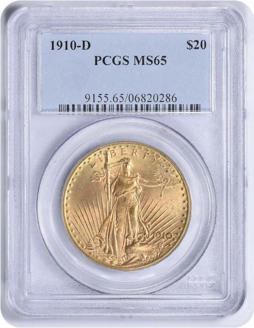 1910-D $20 Gold St. Gaudens Coin MS65 PCGS Uncirculated: 1910-D $20 Gold St. Gaudens Coin MS65 PCGS Uncirculated This 1910-D $20 Gold St. Gaudens coin features exceptional craftsmanship and is graded MS65 by PCGS, indicating its high quality. It is composed