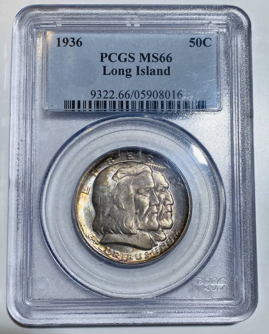 1936 Long Island Dollar PCGS MS 66 Rainbow Toning Silver Coin: 1936 Long Island Dollar PCGS MS 66 Rainbow Toning Silver Coin This stunning 1936 Long Island dollar showcases radiant rainbow toning and has been certified by PCGS with a high grade of MS 66. This unc