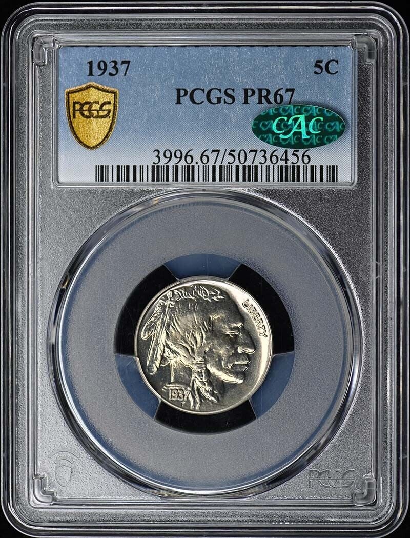1937 Buffalo Nickel PCGS PR67 CAC Proof Philadelphia Mint: 1937 Buffalo Nickel PCGS PR67 CAC Proof Philadelphia Mint This 1937 Buffalo Nickel is certified by PCGS with a grade of PR67, indicating its pristine uncirculated condition. Struck as a proof coin at 