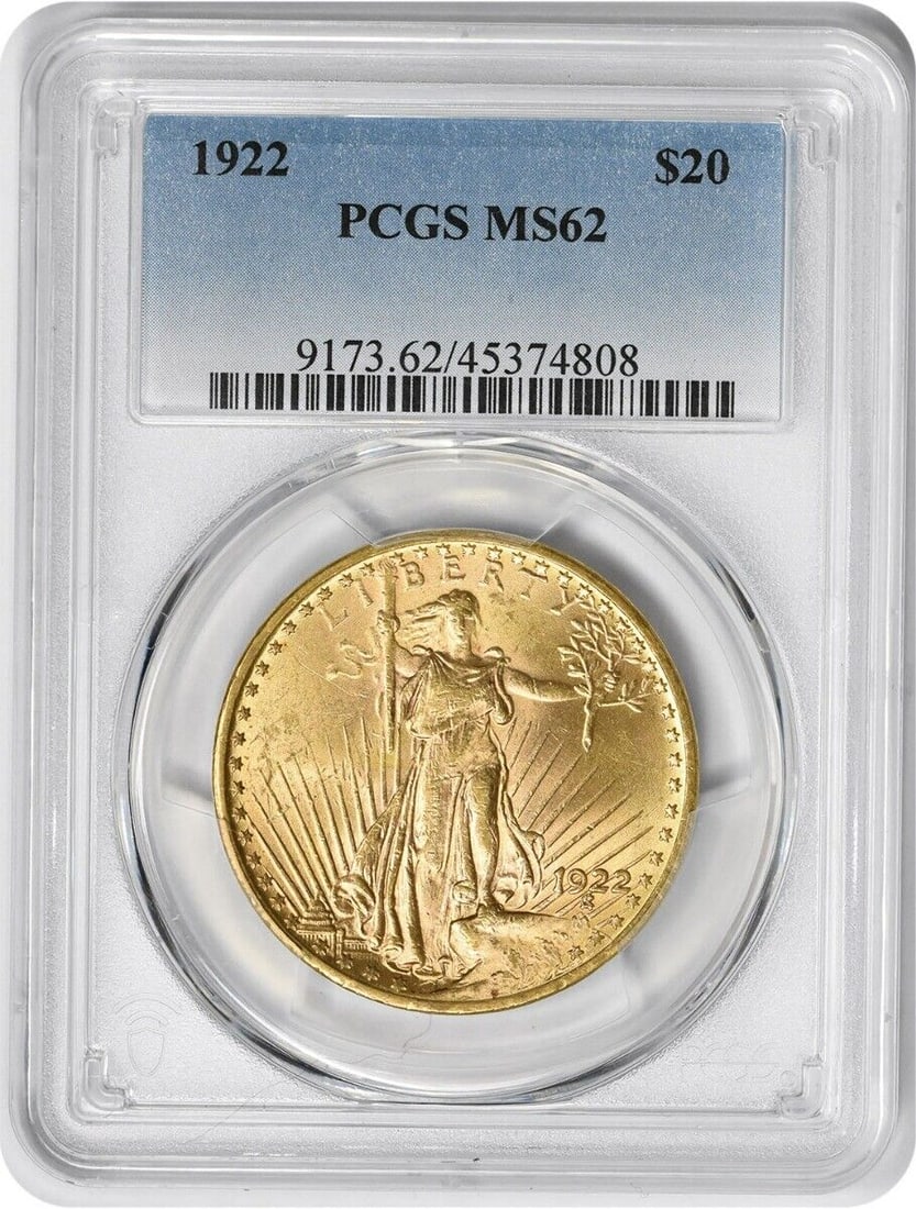 1922 $20 Gold St. Gaudens Coin MS62 PCGS Uncirculated: 1922 $20 Gold St. Gaudens Coin MS62 PCGS Uncirculated This stunning 1922 $20 Gold St. Gaudens coin showcases the exceptional artistry of designer Augustus Saint Gaudens. Graded MS62 by PCGS, this coin