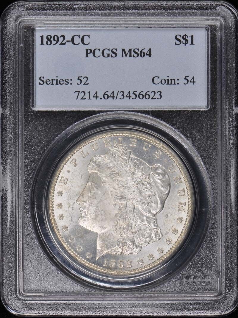1892-CC Morgan Dollar PCGS MS64 Uncirculated Coin: 1892-CC Morgan Dollar PCGS MS64 Uncirculated Coin This 1892-CC Morgan Dollar is graded MS64 by PCGS, indicating its uncirculated condition. Minted in Carson City, this coin is a stunning piece of numi