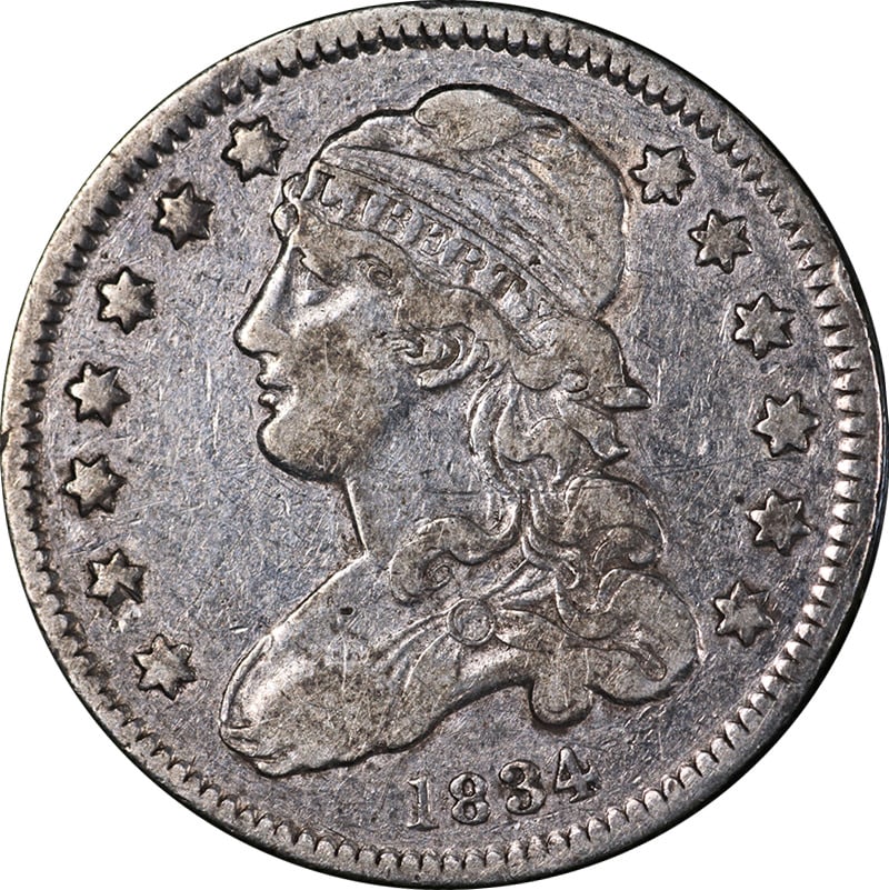 1834 Bust Quarter Silver Nice XF Strong Eye Appeal: 1834 Bust Quarter Silver Nice XF Strong Eye Appeal This 1834 Bust Quarter showcases a nice eye appeal with a strong strike, reflecting its historical significance. The coin is in circulated condition 