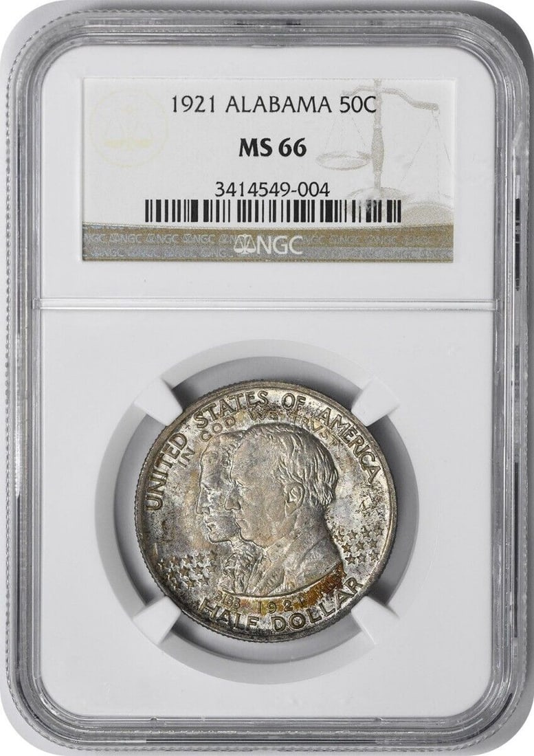 1921 Alabama Commemorative Silver Half Dollar MS66 NGC Coin: 1921 Alabama Commemorative Silver Half Dollar MS66 NGC Coin This Alabama Commemorative Silver Half Dollar, minted in 1921, showcases a pristine uncirculated condition with a grade of MS66 certified by