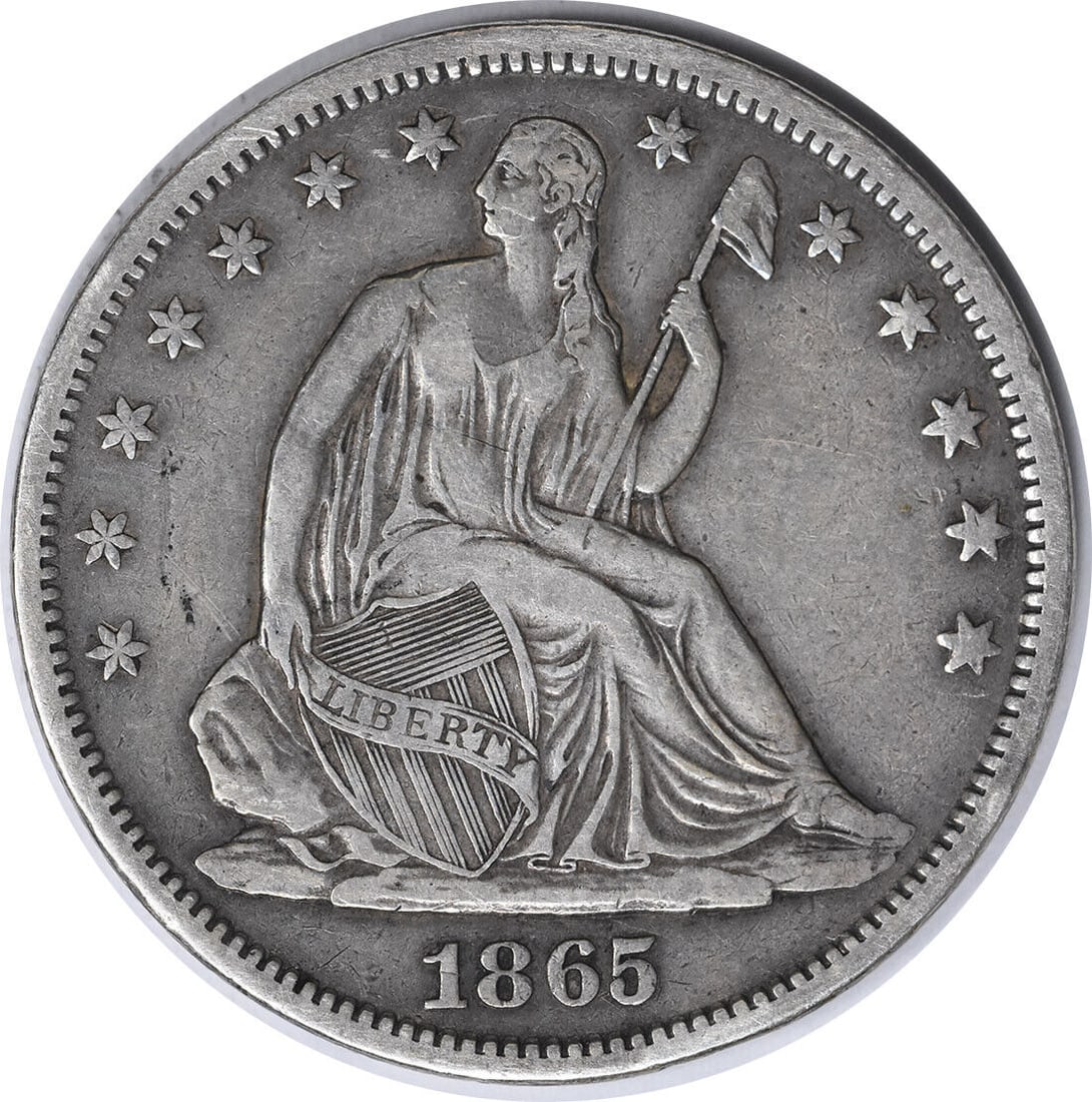 1865-S Liberty Seated Half Dollar 90% Silver XF Uncertified: 1865-S Liberty Seated Half Dollar 90% Silver XF Uncertified This 1865-S Liberty Seated Silver Half Dollar showcases a beautiful design by Thomas Sully and Christian Gobrecht. The coin is composed of 9