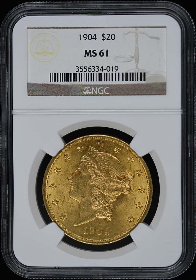 1904 Liberty Head Double Eagle $20 Coin NGC MS61 Uncirculated: 1904 Liberty Head Double Eagle $20 Coin NGC MS61 Uncirculated This 1904 Liberty Double Eagle Type 3 $20 coin features a remarkable uncirculated condition, graded MS61 by NGC. Minted in Philadelphia, i