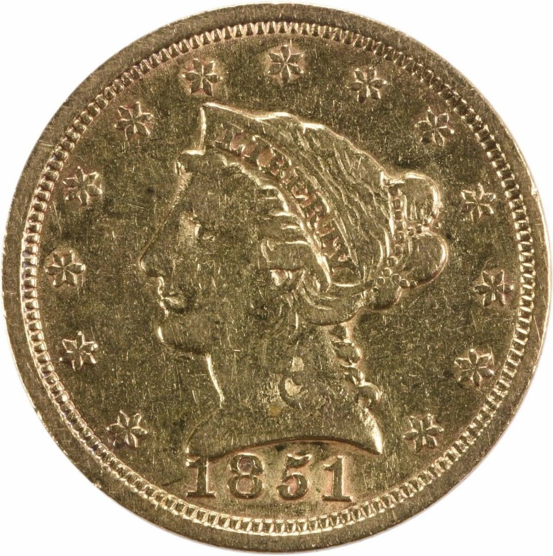 1851 Gold Liberty Head $2.50 Coin Christian Gobrecht Design XF: 1851 Gold Liberty Head $2.50 Coin Christian Gobrecht Design XF This 1851 $2.50 Gold Liberty Head coin features a beautiful design by Christian Gobrecht. With a composition of 90% gold and 10% copper, 