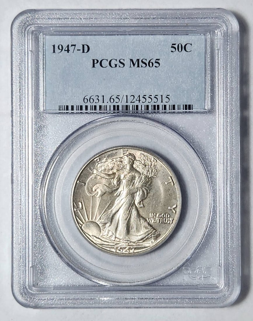 1947 D Walking Liberty Half Dollar Silver PCGS MS 65 Uncirculated: 1947 D Walking Liberty Half Dollar Silver PCGS MS 65 Uncirculated This 1947 D Walking Liberty Half Dollar is graded MS 65 by PCGS, indicating it is in uncirculated condition. Struck at the Denver mint