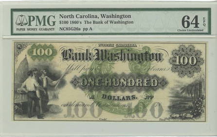 1860s $100 Bank of Washington PMG MS64 Obsolete Note NC85G26a (1 of 2)
