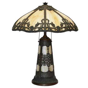 Handel Art Nouveau Lamp with Leaded Shade Antique Bronze 24x18 (1 of 7)