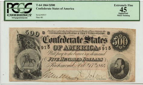 1864 $500 Confederate T-64 Note PCGS MS62 Certified (1 of 2)