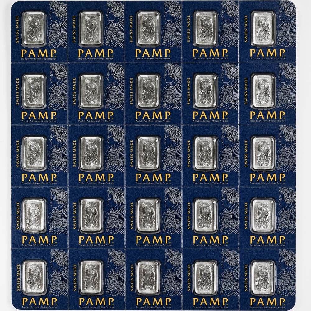 PAMP SWISS Uncut Sheet of 25 x 1 Gram Platinum Bars: PAMP SWISS Uncut Sheet of 25 x 1 Gram Platinum Bars This listing features an uncut sheet of (25) 1 Gram Platinum Bars from PAMP SWISS, a renowned mint known for its quality. The bars are in perfect mi