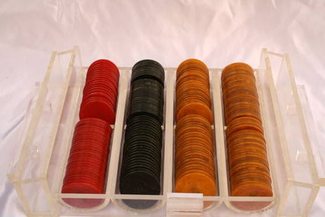 Art Deco French Poker Chip Set 194 Backelite Chips in Lucite Case: Art Deco French Poker Chip Set 194 Backelite Chips in Lucite Case This exquisite French Art Deco poker chip set features 194 backelite chips housed in its original Lucite case, showcasing exceptional
