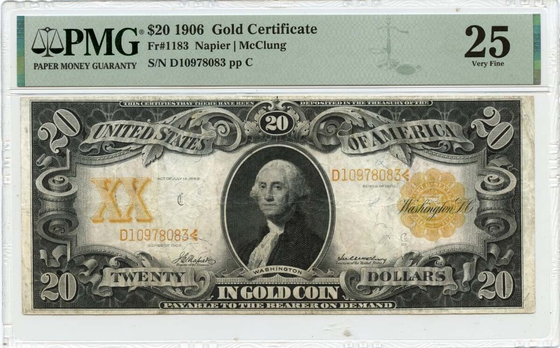 1906 $20 Gold Certificate Fr# 1183 PMG VF25 Circulated: 1906 $20 Gold Certificate Fr# 1183 PMG VF25 Circulated This is a 1906 $20 Gold Certificate, designated as Fr# 1183, and has been graded by PMG with a VF25 certification. This banknote is classified as