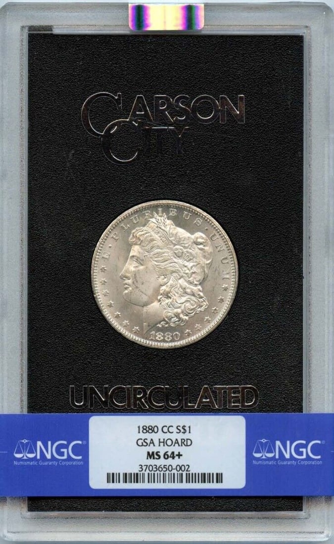 1880-CC Morgan Dollar NGC MS64+ Uncirculated GSA Hoard Coin: 1880-CC Morgan Dollar NGC MS64+ Uncirculated GSA Hoard Coin Discover this stunning 1880-CC Morgan Dollar, a true gem from the GSA Hoard. Graded MS64+ by NGC, this uncirculated coin showcases the excep