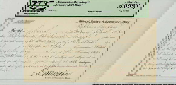 1864 Union Army Commutation Money Receipt PCGS MS63 Uncirculated (1 of 2)