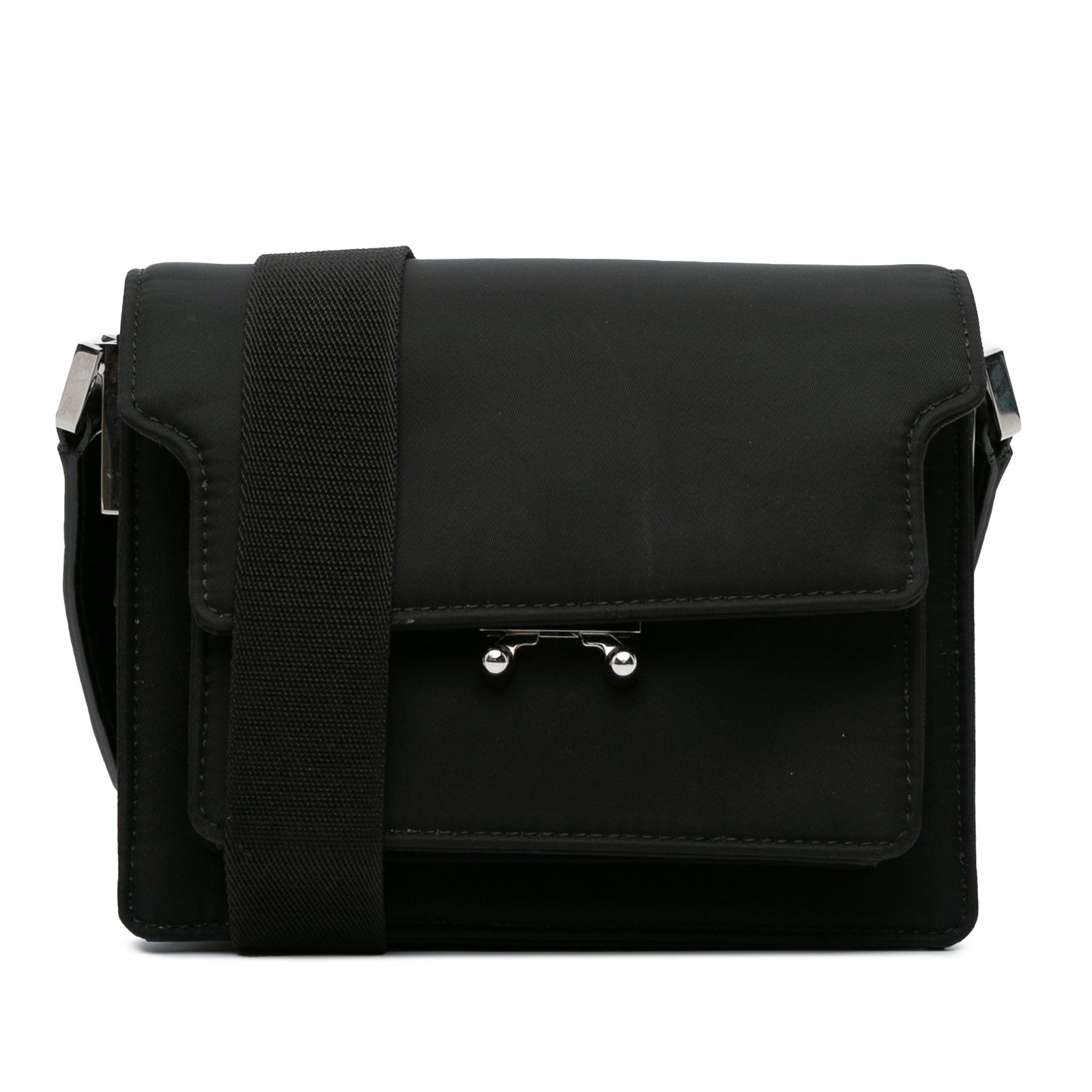 Marni Mini Nylon Trunk: Marni Mini Nylon Trunk The Trunk shoulder bag features a nylon body with leather trim, a flat shoulder strap, a front flap with push-lock closure, an accordion-style interior, and interior zip pockets