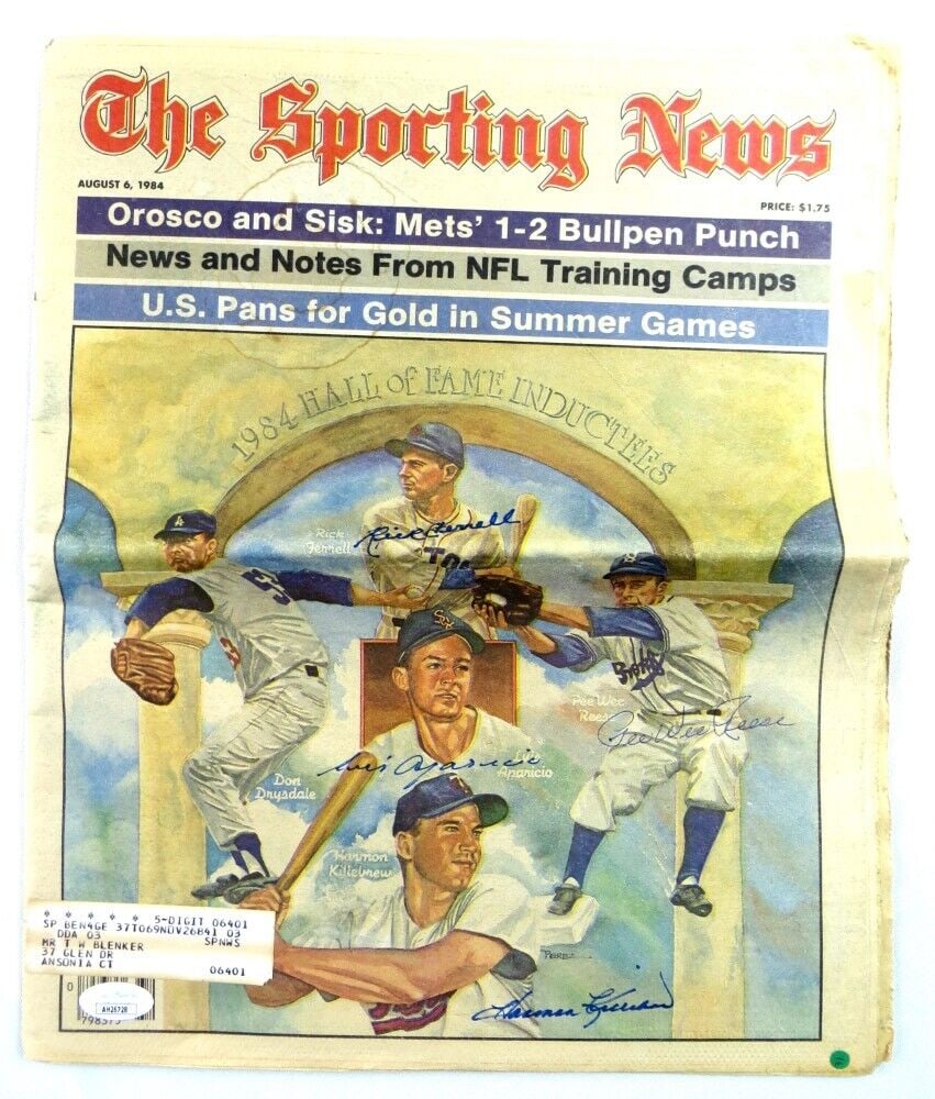 Pee Wee Reese Harmon Killebrew Luis Aparicio Signed Newspaper JSA: Pee Wee Reese Harmon Killebrew Luis Aparicio Signed Newspaper JSA This original autographed newspaper features legends of the game: Pee Wee Reese, Harmon Killebrew, Luis Aparicio, and Rick Ferrell. Th