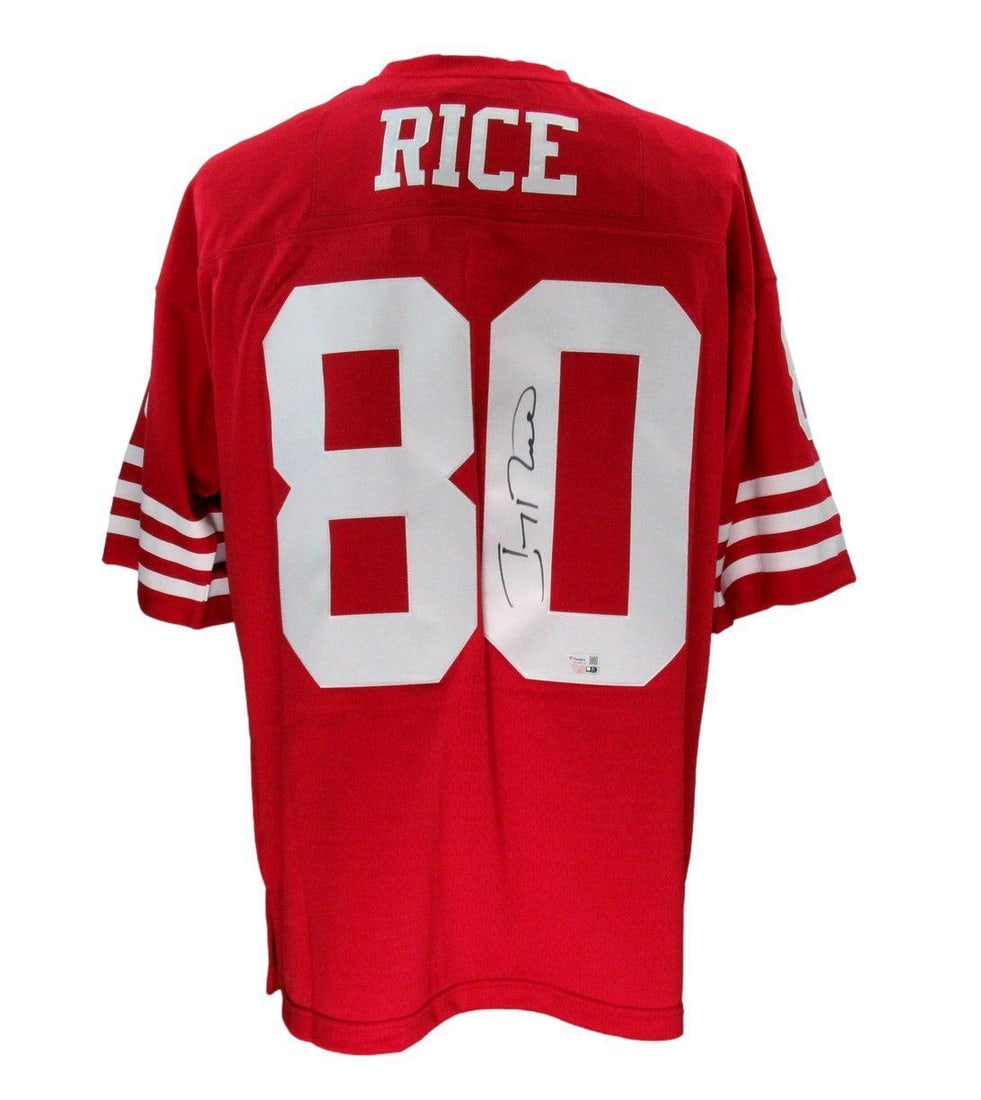 Jerry Rice Autographed Red Mitchell & Ness Jersey San Francisco 49ers NFL: Jerry Rice Autographed Red Mitchell & Ness Jersey San Francisco 49ers NFL Celebrate the legacy of football legend Jerry Rice with this autographed red Mitchell & Ness football jersey, representing the