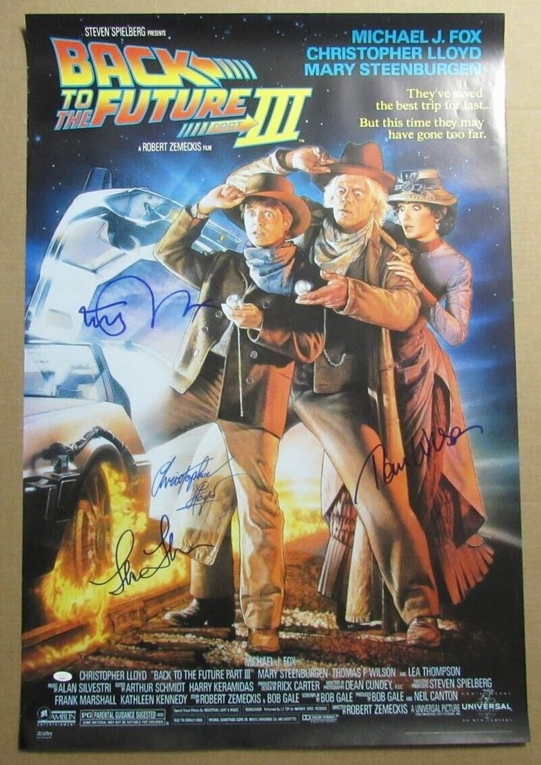 Back to the Future III Multi-Signed Movie Poster 27x40 JSA Authenticated: Back to the Future III Multi-Signed Movie Poster 27x40 JSA Authenticated This original movie poster for "Back to the Future III" features the autographs of four talented actors, adding a unique collec