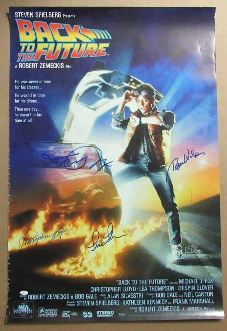 Back to the Future Multi-Signed 27x40 Movie Poster JSA Certified: Back to the Future Multi-Signed 27x40 Movie Poster JSA Certified This is an original, multi-autographed movie poster for "Back to the Future," featuring the signatures of four prominent actors from th