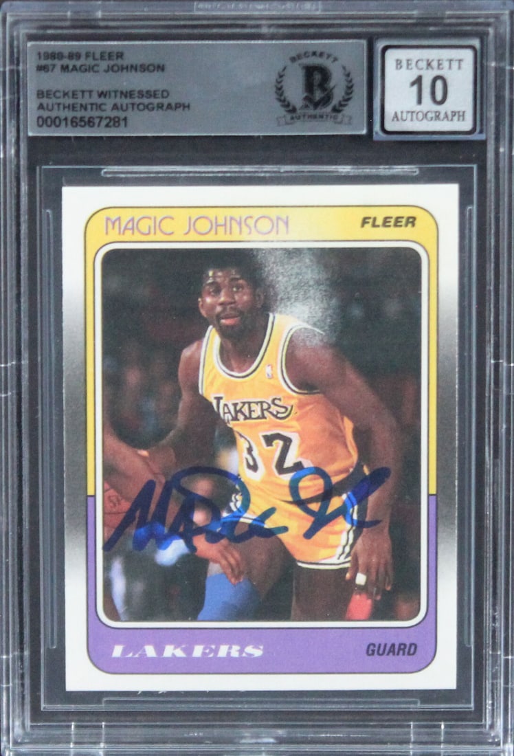 Magic Johnson Signed 1989 Fleer #67 Basketball Card Beckett Authenticated: Magic Johnson Signed 1989 Fleer #67 Basketball Card Beckett Authenticated Celebrate the legendary Magic Johnson with this signed 1989 Fleer #67 basketball card. Authenticated by Beckett, this original