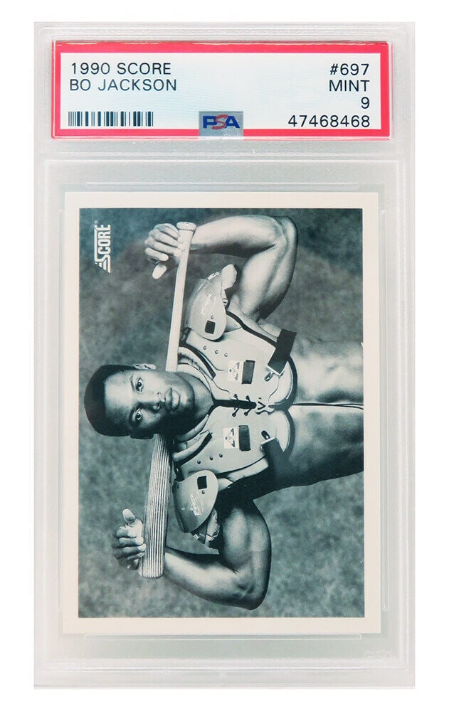 Bo Jackson 1990 Score Baseball Card #697 PSA 9 Mint: Bo Jackson 1990 Score Baseball Card #697 PSA 9 Mint This listing features a Bo Jackson 1990 Score Baseball trading card, card number 697, showcasing a striking black and white image of Jackson with a