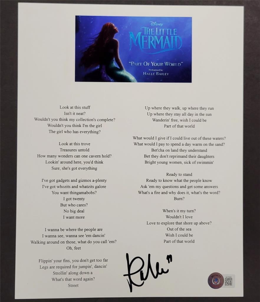 Halle Bailey Signed The Little Mermaid Lyric Sheet 8.5x11 Beckett Authenticated: Halle Bailey Signed The Little Mermaid Lyric Sheet 8.5x11 Beckett Authenticated Celebrate the magic of Disney's The Little Mermaid with this signed 8.5x11 lyric sheet by Halle Bailey. This original it
