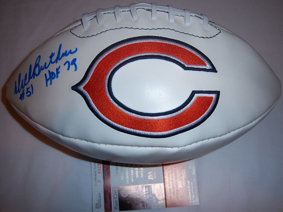Dick Butkus Signed Chicago Bears Football with JSA COA: Dick Butkus Signed Chicago Bears Football with JSA COA This is an authentic football signed by Dick Butkus, a Hall of Fame player for the Chicago Bears. The football comes with a JSA Certificate of Au
