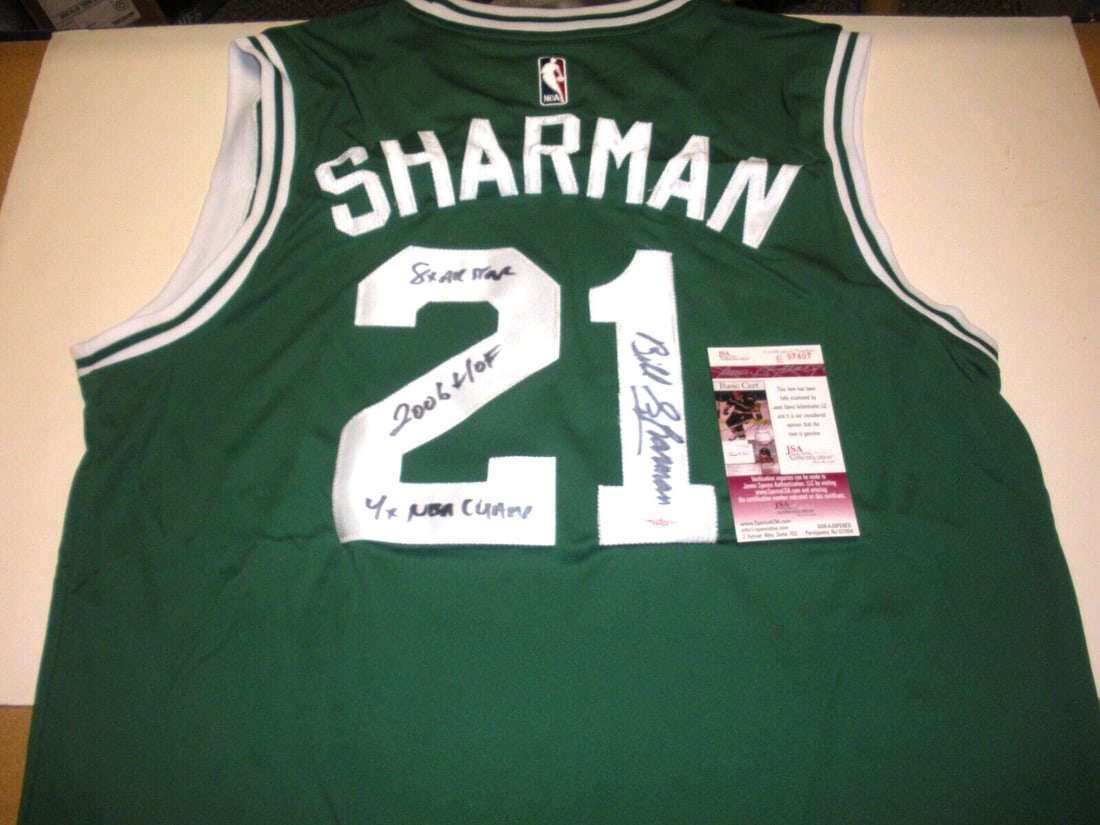 Bill Sharman Boston Celtics Signed Adidas Jersey HOF JSA COA: Bill Sharman Boston Celtics Signed Adidas Jersey HOF JSA COA This officially licensed Adidas jersey, signed by Bill Sharman, is a must-have for any Boston Celtics fan. Celebrated as a Hall of Famer, S