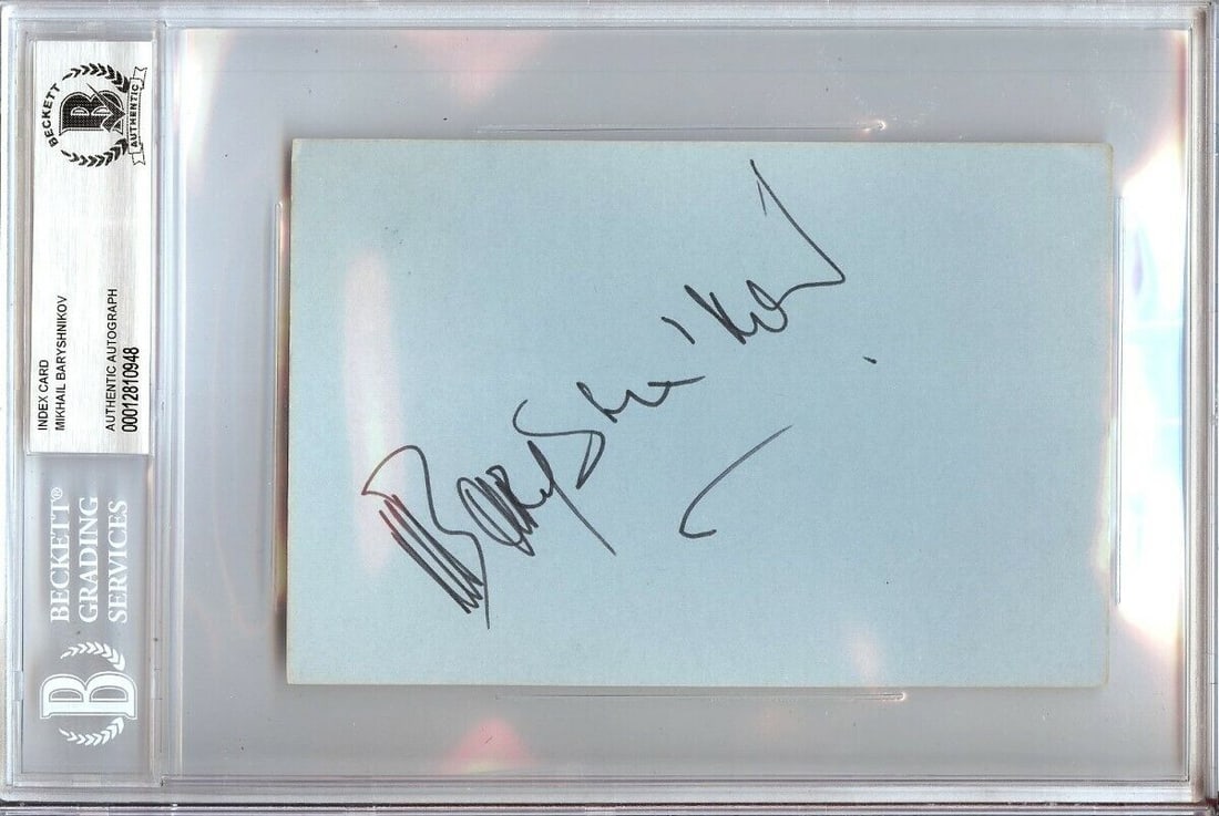 Mikhail Baryshnikov Autographed 4X6 Index Card Beckett Authenticated: Mikhail Baryshnikov Autographed 4X6 Index Card Beckett Authenticated This item features a 4X6 index card signed by the legendary ballet dancer Mikhail Baryshnikov. The autograph is authenticated by Be
