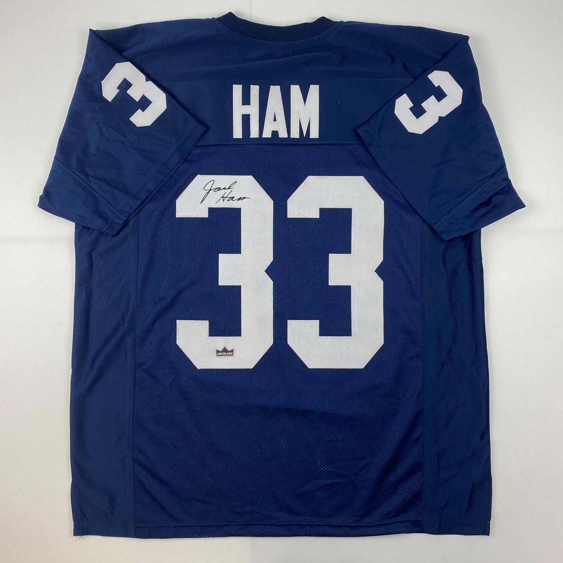 Jack Ham Penn State Blue Jersey Facsimile Autograph JSA Authenticated: Jack Ham Penn State Blue Jersey Facsimile Autograph JSA Authenticated Celebrate the legacy of Jack Ham with this Penn State Blue Jersey. This jersey features a facsimile autograph, making it a perfect