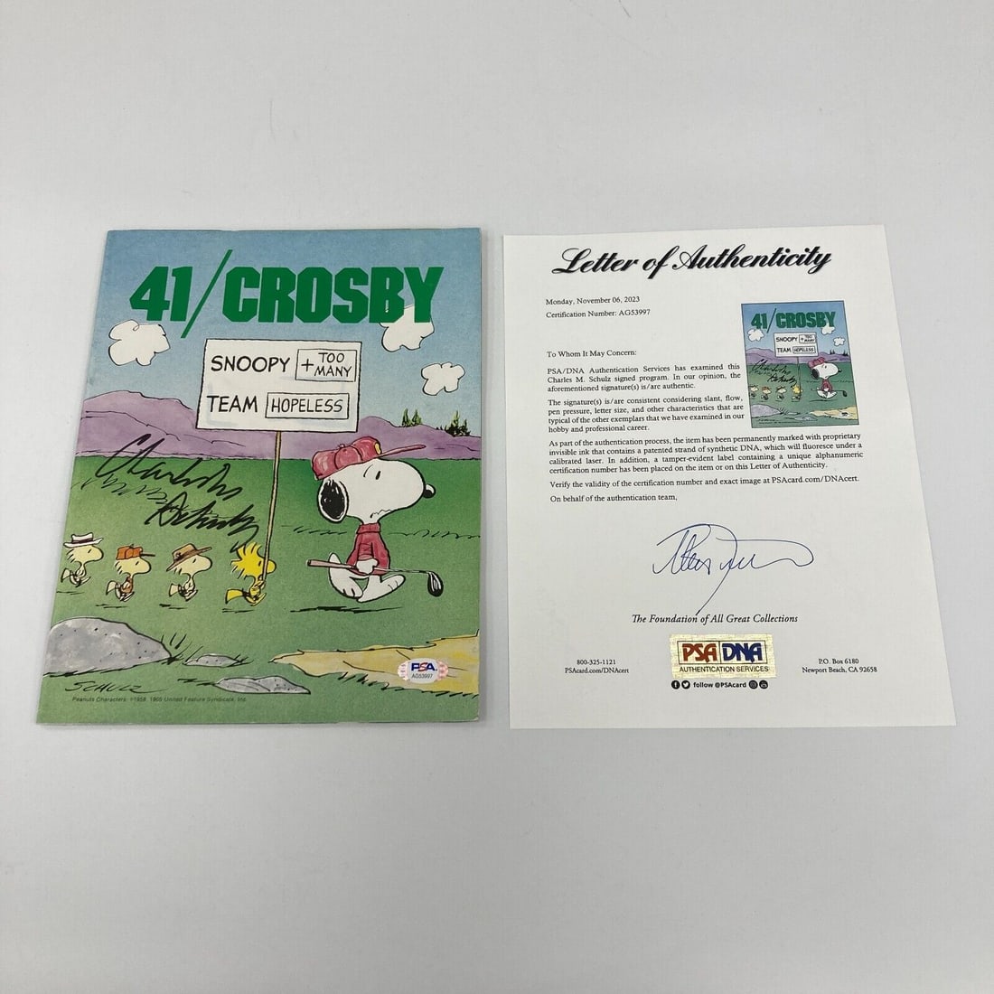 Charles Schulz Signed Pebble Beach Golf Program PSA/DNA COA: Charles Schulz Signed Pebble Beach Golf Program PSA/DNA COA This is an original Pebble Beach Pro-Am Golf Program signed by Charles Schulz, the beloved creator of the Peanuts comic strip. The program c