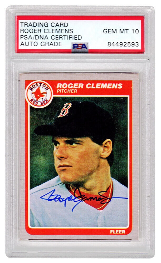 Roger Clemens Autographed 1985 Fleer Rookie Card #155 PSA Mint 10: Roger Clemens Autographed 1985 Fleer Rookie Card #155 PSA Mint 10 Own a piece of baseball history with this Roger Clemens autographed 1985 Fleer rookie card #155, featuring the legendary pitcher durin