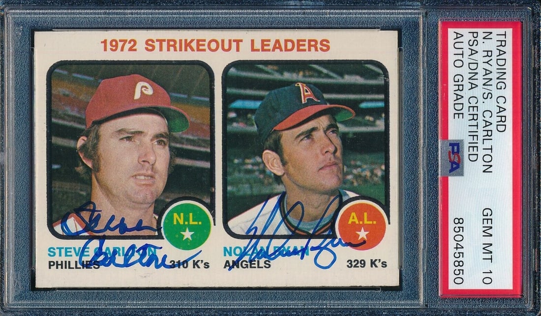 Nolan Ryan Steve Carlton Dual-Signed 1973 TOPPS Card #67 PSA GEM MINT 10: Nolan Ryan Steve Carlton Dual-Signed 1973 TOPPS Card #67 PSA GEM MINT 10 This is a rare dual-signed 1973 TOPPS Card #67 featuring baseball legends Nolan Ryan and Steve Carlton. Authenticated by Profes